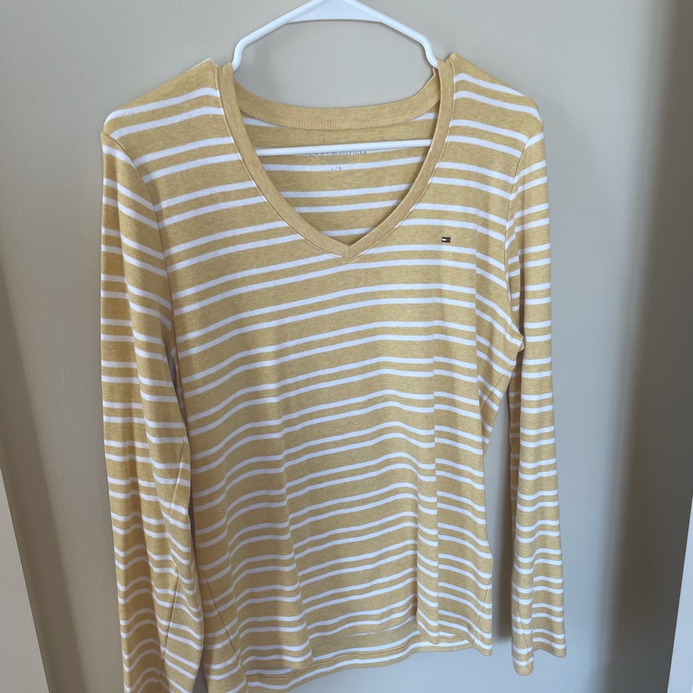 Size L Tommy Hilfiger long-sleeve striped shirt.